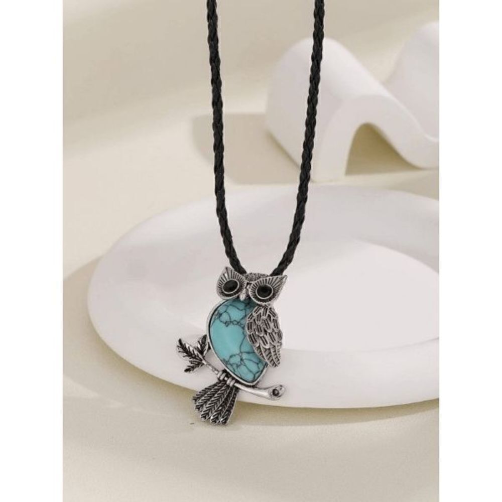 Silver Turquoise Black Diamond Owl Pendant Necklace